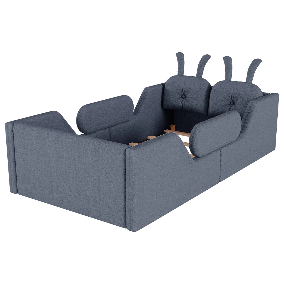 Twin Size Upholstered Platform Bed with Rabbit Cushion, Floor Upholstered Bed with Removable Side Rails