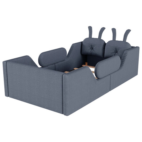 Twin Size Upholstered Platform Bed with Rabbit Cushion, Floor Upholstered Bed with Removable Side Rails