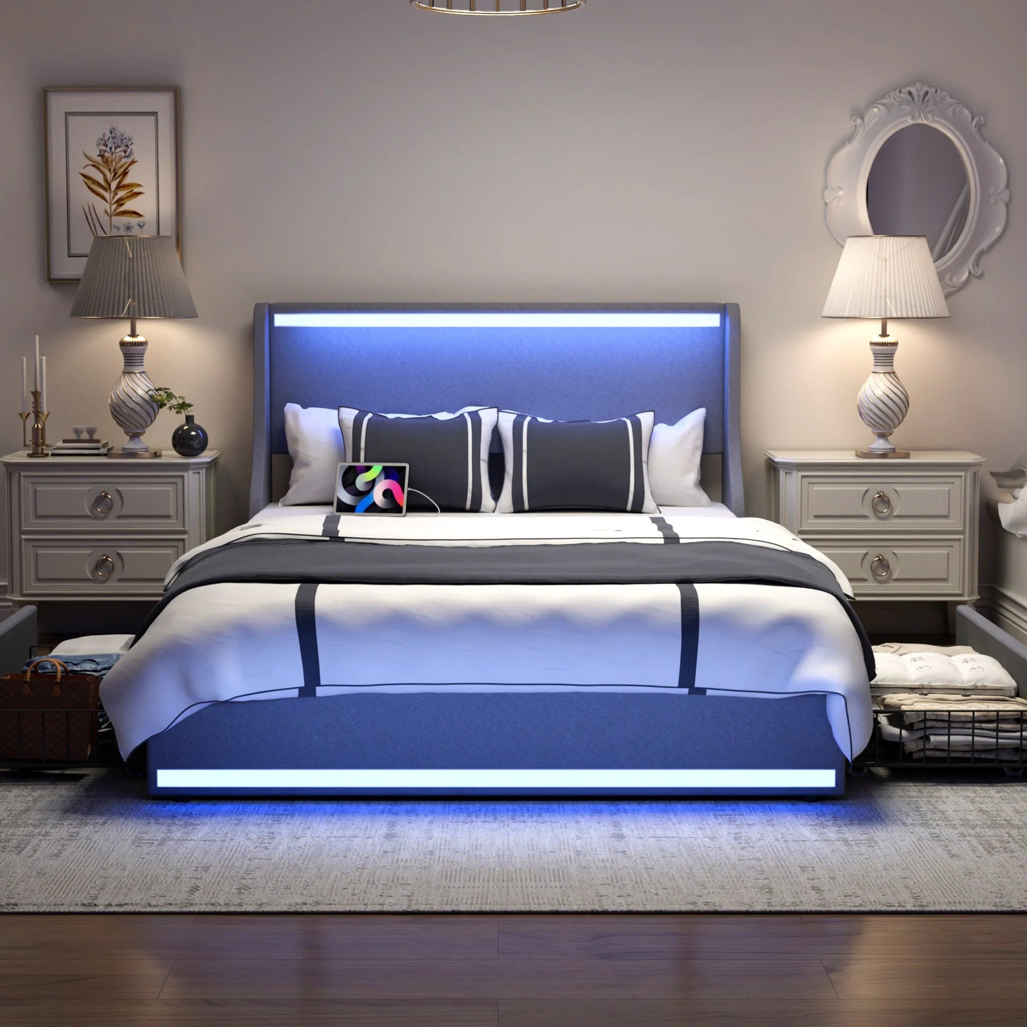VECELO Modern LED Upholstered Platform Bed Frame with 2 Storage Drawers, USB & Type-C Ports, Full/Queen Size Bed