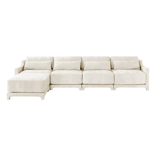 Modern Chenille 4-Seater Sofa with 2 Ottoman, Lumbar Cushions, Ergonomic Backrest, High-Resilience Spongeand Tufted Armrests