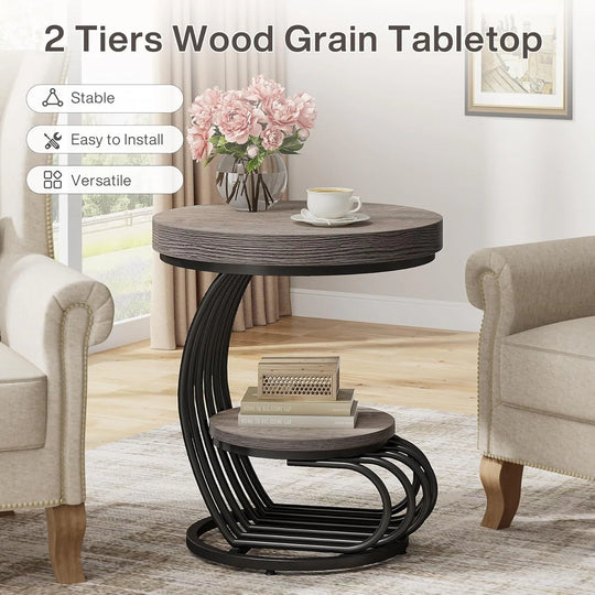 2 Tiers round End Table with Shelf Storage, Arc-Shaped Side Sofa Table