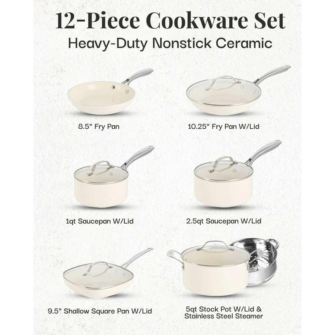 Cream 12 Piece Pots and Pans Ultra Nonstick Ceramic Cookware Set with Stay Cool Handles