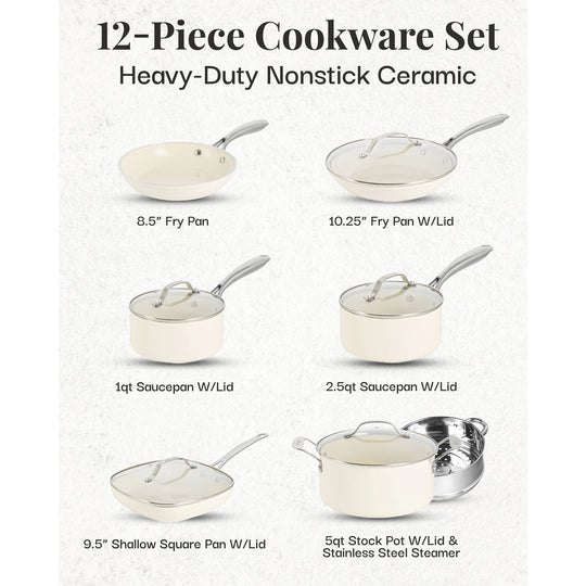 Cream 12 Piece Pots and Pans Ultra Nonstick Ceramic Cookware Set with Stay Cool Handles