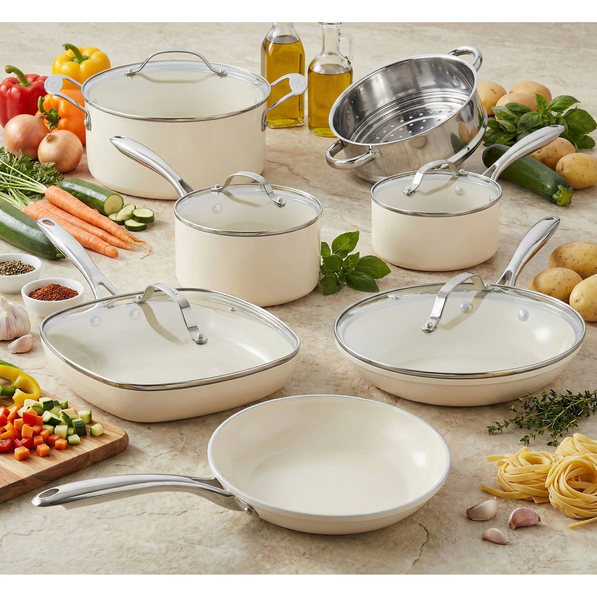 Cream 12 Piece Pots and Pans Ultra Nonstick Ceramic Cookware Set with Stay Cool Handles