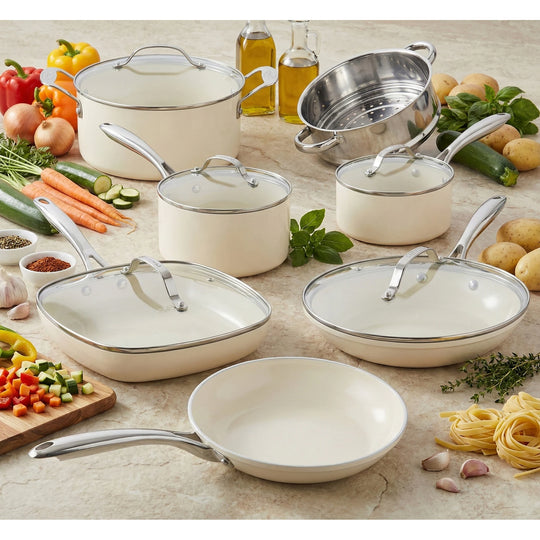 Cream 12 Piece Pots and Pans Ultra Nonstick Ceramic Cookware Set with Stay Cool Handles