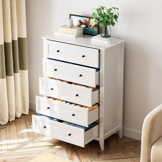 Modern Bedroom Nightstand with 5 Drawers & Metal Handles - Multifunctional Storage Cabinet,Easy Assembly for Living Room