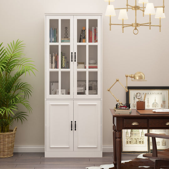 78.7"H Combo Buffet Sideboard White Curio Bookcase Cabinet Glass Door
