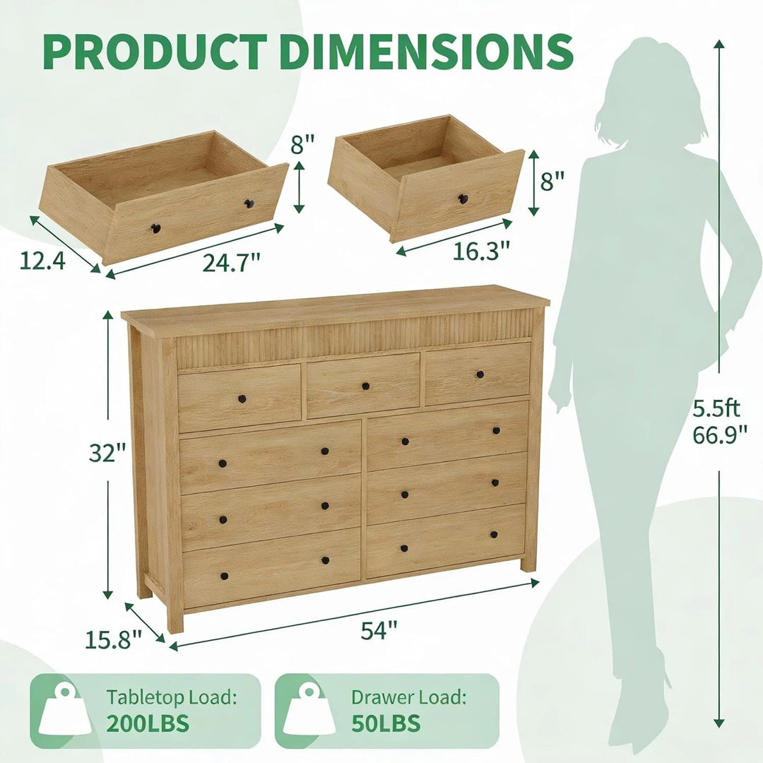 7 Drawer Dresser for Bedroom, 54 in Wide Modern Fluted Chest of Drawers, Wooden Storage & TV Stand, Natural Oak