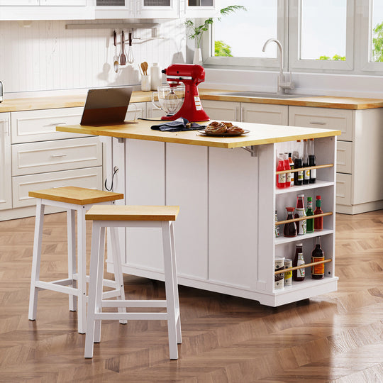 Large Kitchen Island with Drop Leaf,Power Outlet,Door Internal Storage Rack,3 Drawers(Not Include Bar Stools)