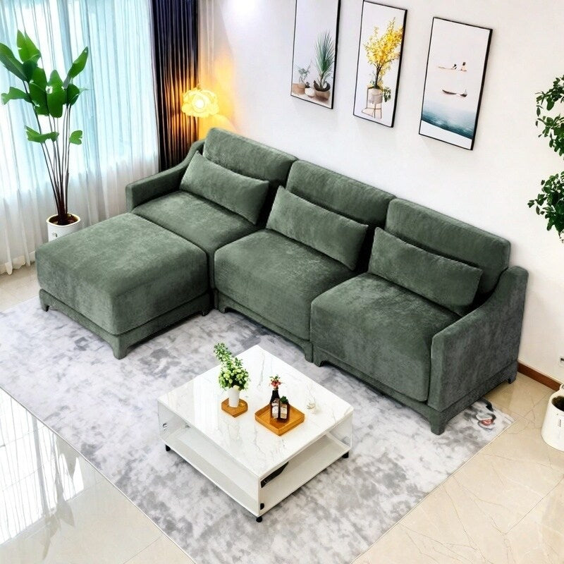 Modern Chenille 4-Seater Sofa with 2 Ottoman, Lumbar Cushions, Ergonomic Backrest, High-Resilience Spongeand Tufted Armrests