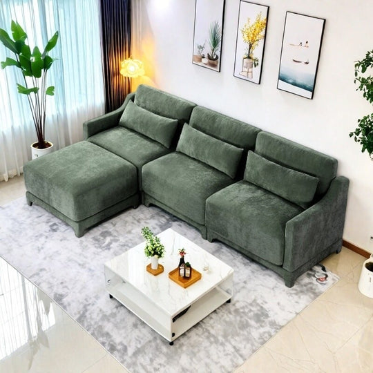 Modern Chenille 4-Seater Sofa with 2 Ottoman, Lumbar Cushions, Ergonomic Backrest, High-Resilience Spongeand Tufted Armrests