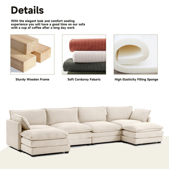 Corduroy Sectional Sofa with Removable Ottomans & Ultra-Soft Cushions for Living Room & Bedroom