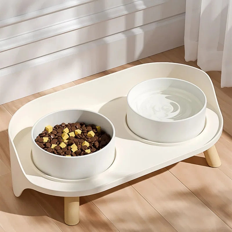 Bone China Double Pet Feeder, Elevated Cat Dog Food Double Bowls, Ceramic Pet Feeding Bowl for Food and Water
