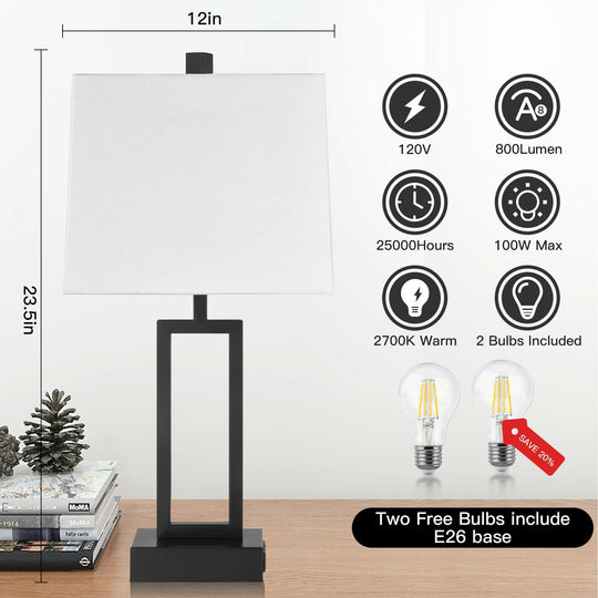Set of 2 Black Touch Control Table Lamps with White Rectangular Shades, USB Ports & AC Outlet