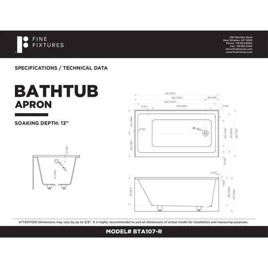 Acrylic-Fiberglass Soaking Bathtub, White. Alcove/Apron Front