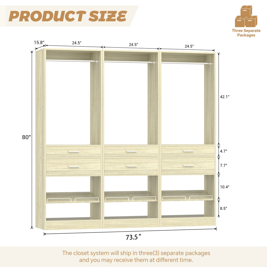 25'' W Freestanding Closet System with 2 Wooden Drawers and Adjustable Shoes Rack and Hanging Rod,Walk-In Closet Organizer