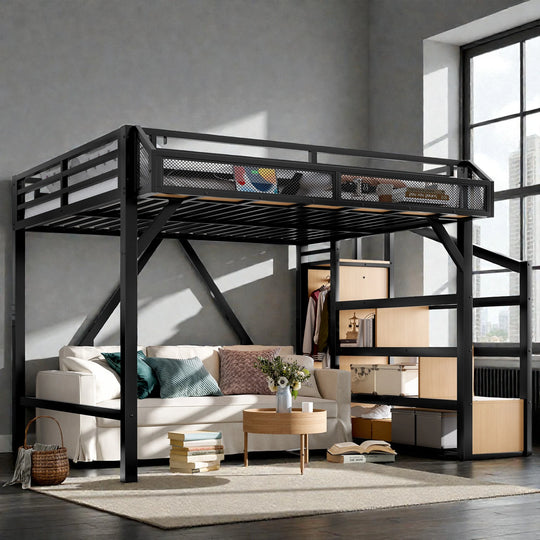 Metal Loft Bed with Storage Stairs, Built-In Wardrobe, Shelves, USB Ports, LED Lights & Noise-Reduced Frame