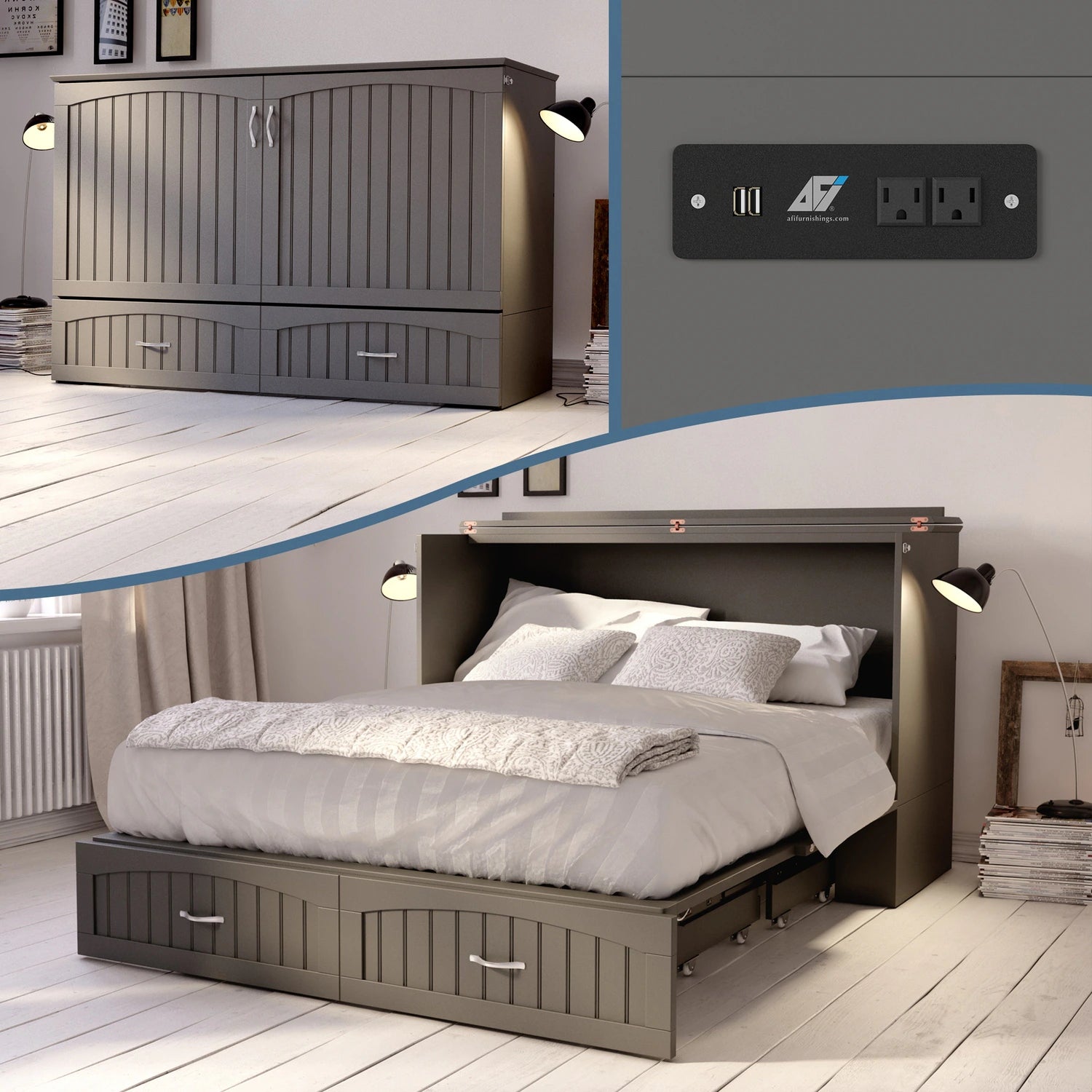 Queen Murphy Bed Chest with Charging Station - Space Saving Bed, Grey Finish, Home Furniture