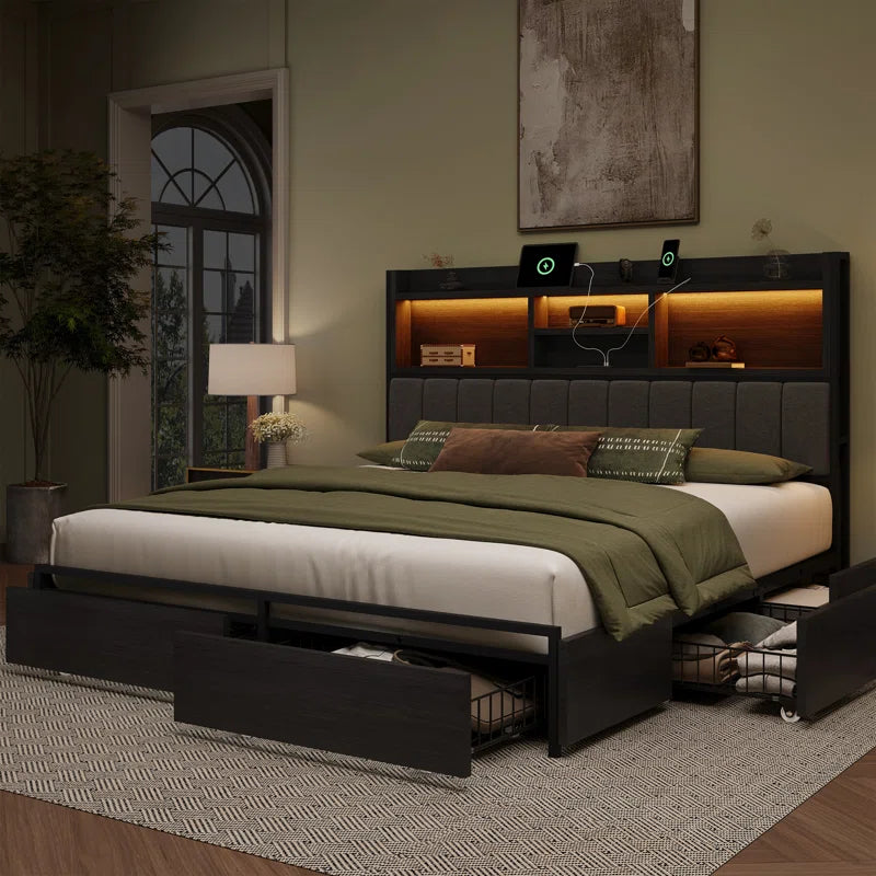 Bed Frame with 6 Storage Drawers, Linen Upholstered Headboard, Built in Charging Station and Led