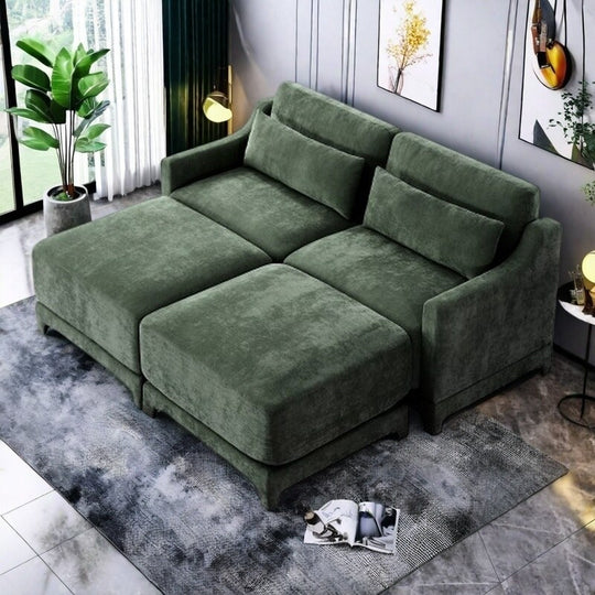 Modern Chenille 4-Seater Sofa with 2 Ottoman, Lumbar Cushions, Ergonomic Backrest, High-Resilience Spongeand Tufted Armrests