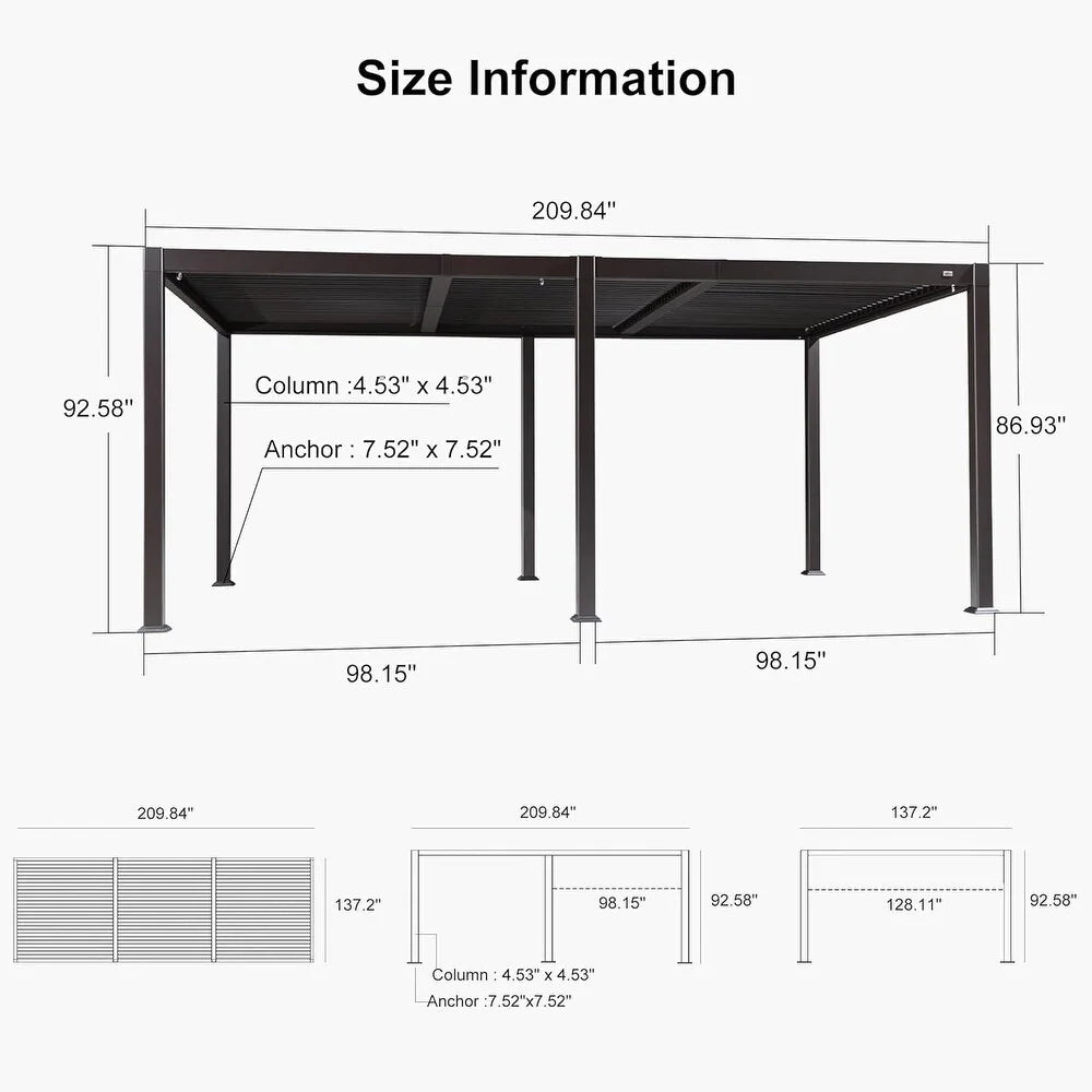 Solar Louvered Pergola with LED String Lights Aluminum Outdoor Pergola with Adjustable Roof for Patio Garden