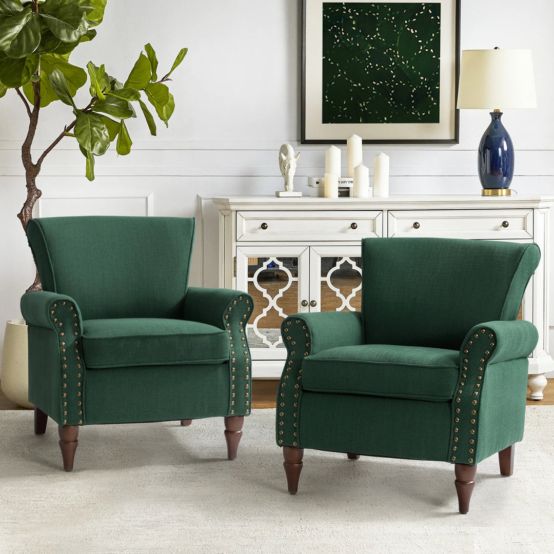 Nyctelius Upholstered Comfy Accent Chair with Turned Wooden Legs and Nailhead Trim Set of 2 by