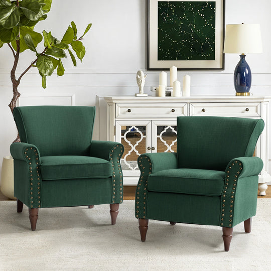 Nyctelius Upholstered Comfy Accent Chair with Turned Wooden Legs and Nailhead Trim Set of 2 by