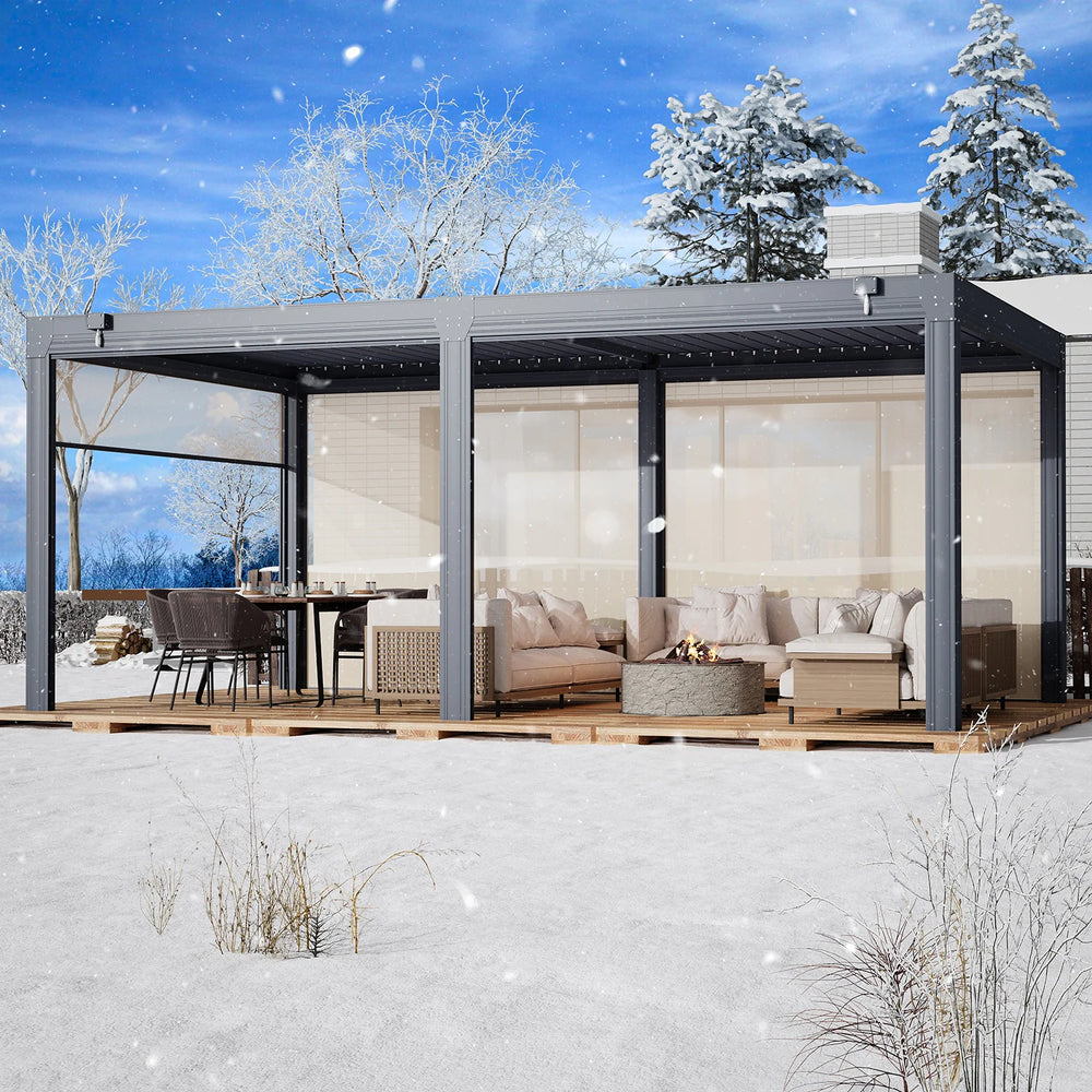 Outdoor Louvered Pergola Gazebo with Adjustable Aluminum Rainproof Roof and Pull-Down Screen