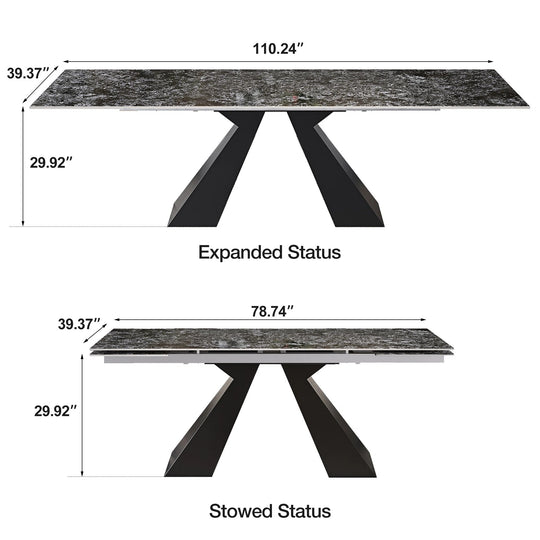 Minimalism Extendable Rectangular Sintered Stone Double Pedestal Dining Table Seat for 8-12 - 110.24"