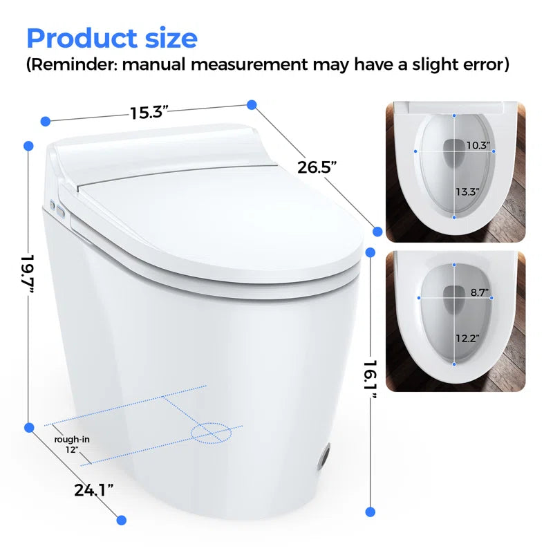 Smart Toilet with Tankless Bidet Wash, Auto Open Lid, 1.28 Gallons Auto Dual Flush, Heat Seat, Warm Wash/Dryer, Soft Closing, Remote Control