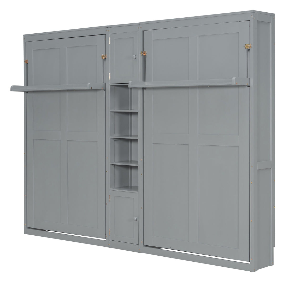 Dual Twin Size Wall Murphy Beds with Cabinets and Shelves, Space-Saving Design