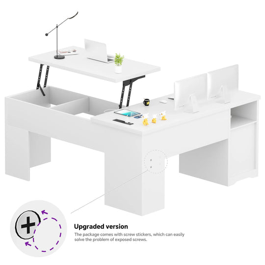 Modern Farmhouse Lift Top L-Shaped Desk with Charge Station, Corner Desk with File Drawers for Home Office