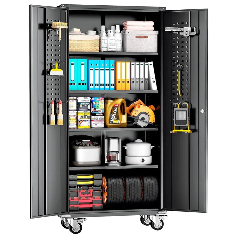 Metal Garage Storage Cabinets with Wheels & Pegboard, 72"H Rolling Storage Cabinet with Lockable Doors and 4 Adjustable Shelves, (72" H×32" W×16" D)
