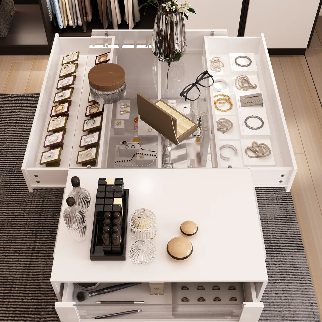 HOMELAVY Glass-Top Closet Organizer White Dressing Island Ample Storage Dresser Cabinets
