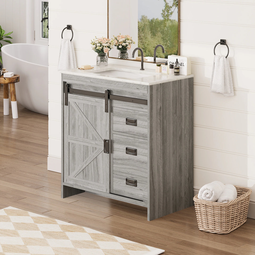 Farmhouse Bathroom Vanity with Ceramic Top and Sliding Barn Door Sink Cabinet, Rustic Single Sink Vanity