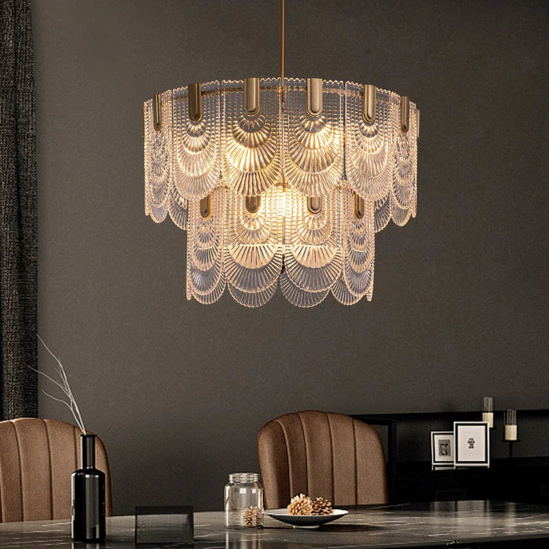 20 In. Gold Modern Glass Chandelier 5-Light Glam Dimmable Pendant Light Fixture for Dining Room