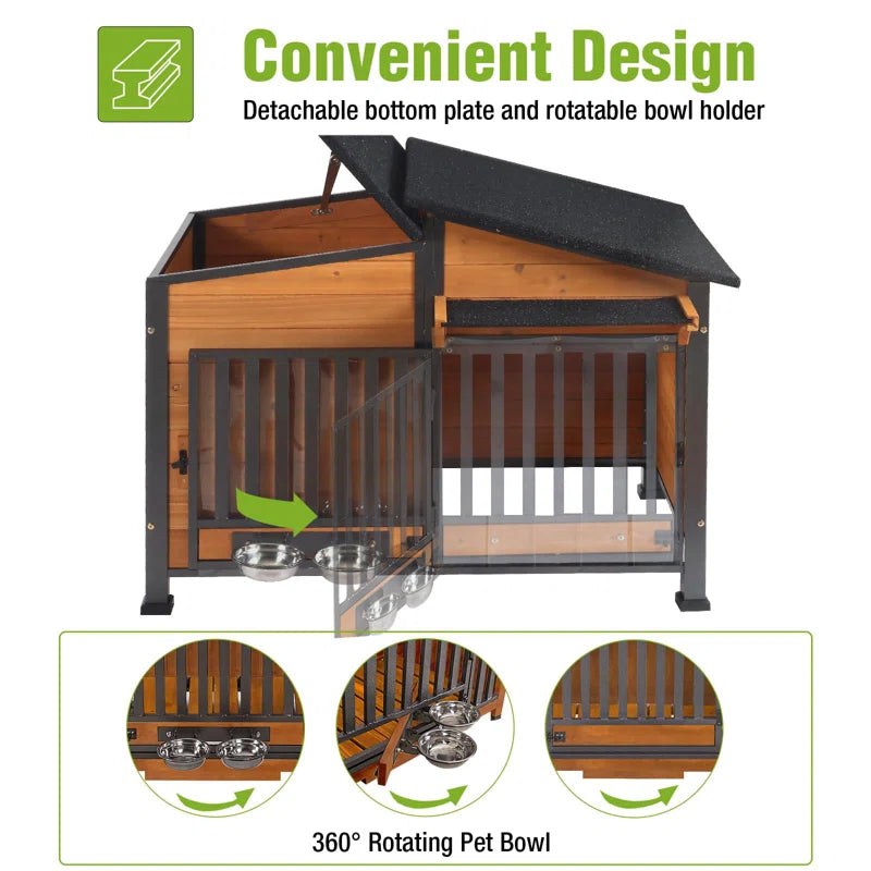 Dog House Outdoor Dog Kennel with Chew-Proof Metal Frame, Rotating Food Bowl, Pvc Door Curtain, Weatherproof for Small Medium Dogs, 39.7" L X 25.5" W X 32.2" H