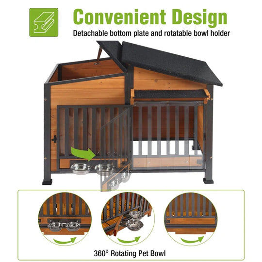Dog House Outdoor Dog Kennel with Chew-Proof Metal Frame, Rotating Food Bowl, Pvc Door Curtain, Weatherproof for Small Medium Dogs, 39.7" L X 25.5" W X 32.2" H
