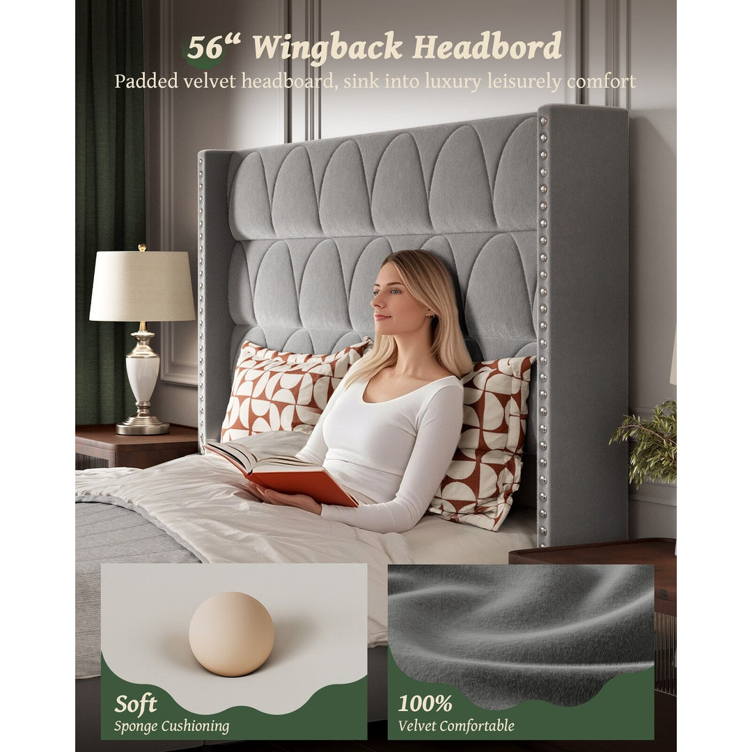 Hansabenne Solid Wood Bed Frame Queen and King Platform Bed Frame with Headboard White and Gray