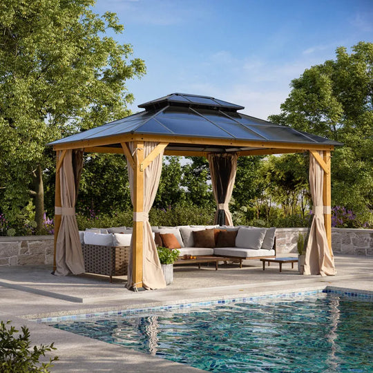 Hardtop Wood Gazebo with Double Roof – Free Dust Cover with 12X16 or 12X20 Model – Waterproof Outdoor Gazebo