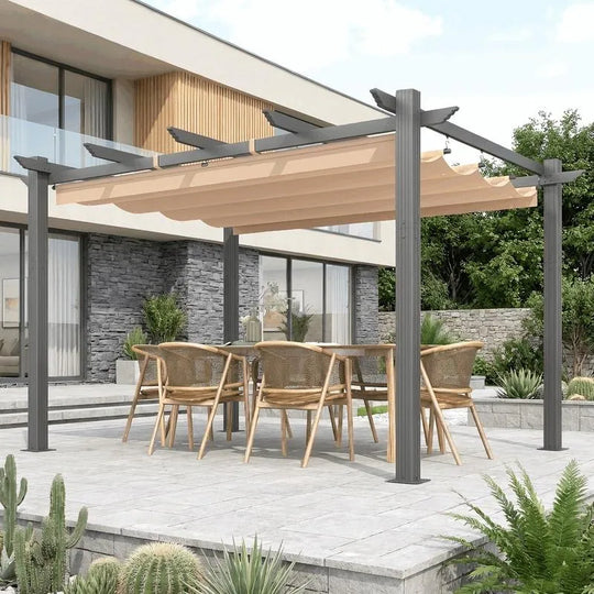 10' X 13' Outdoor Pergola with Retractable Canopy, Heavy-Duty Metal Frame and Adjustable Patio Shade Roof