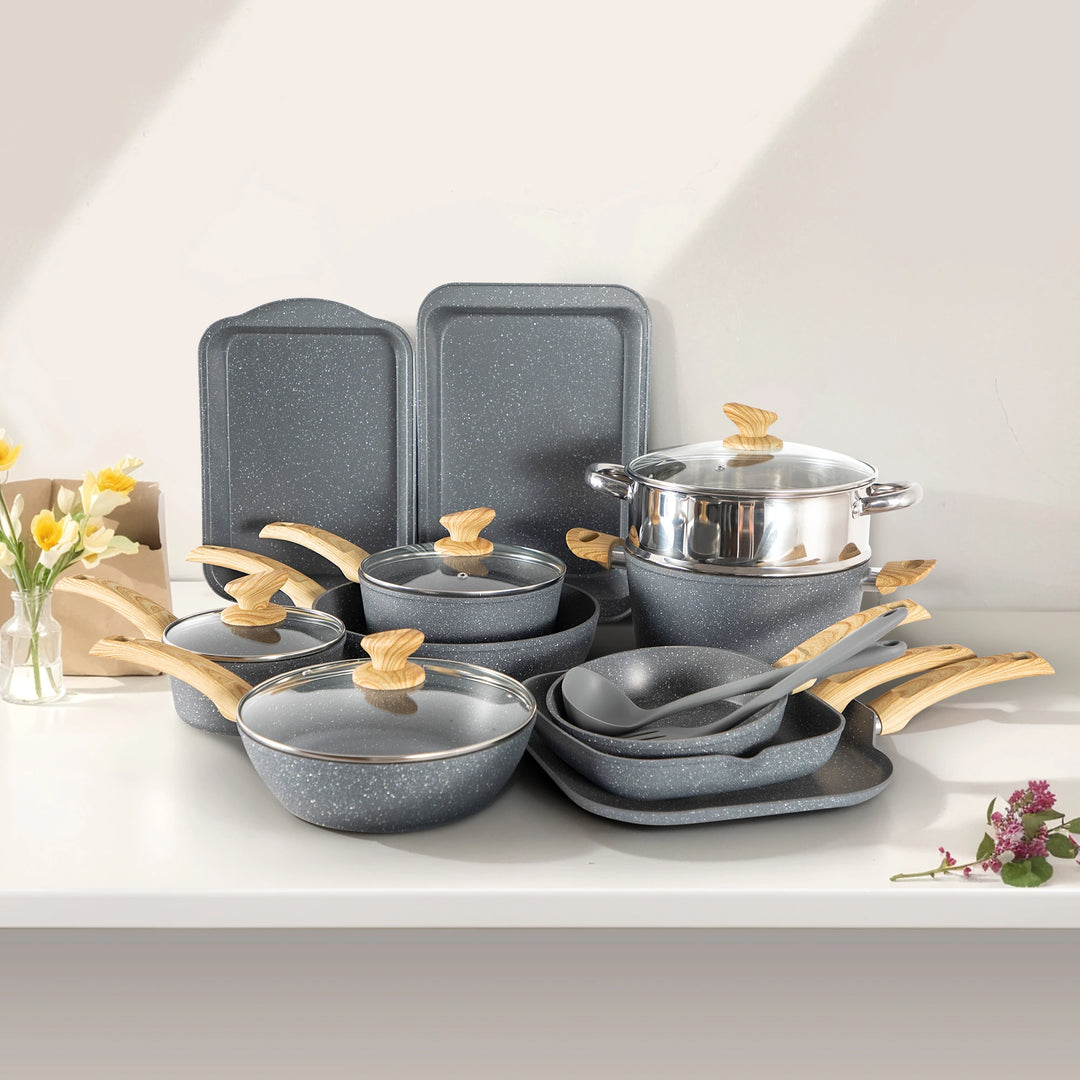 17-Piece Kitchen Granite Cookware Set, Non-Stick Cooking Pots and Pans Set