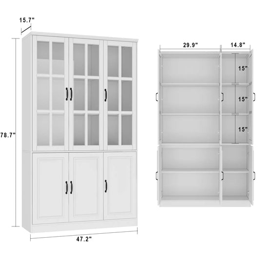 78.7"H Combo Buffet Sideboard White Curio Bookcase Cabinet Glass Door