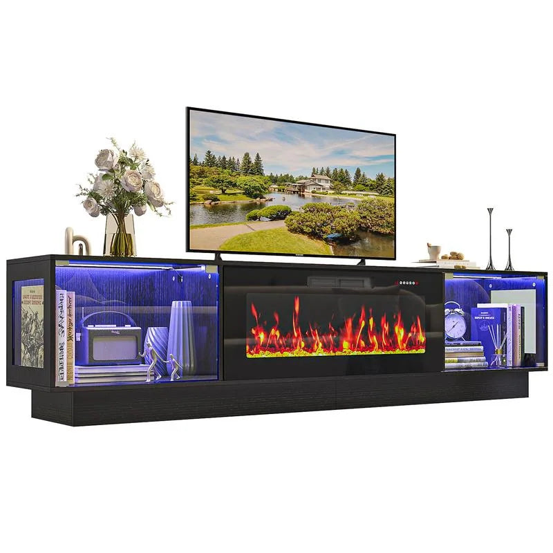 80" Fireplace TV Stand with Adjustable LED Lights, Modern Entertainment Center with Glass Door Storage Cabinet, Black