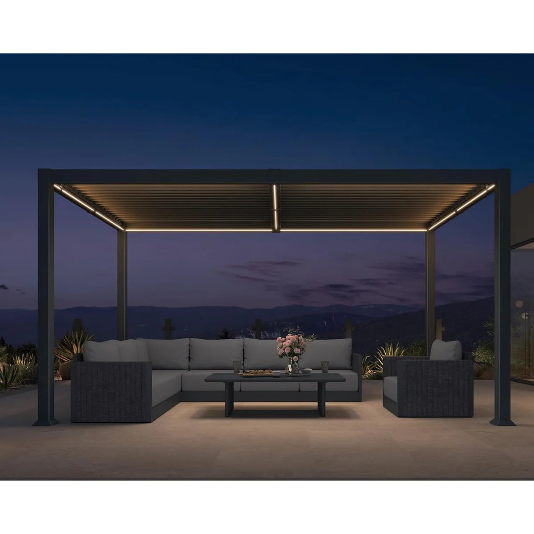 Solar Louvered Pergola with LED String Lights Aluminum Outdoor Pergola with Adjustable Roof for Patio Garden