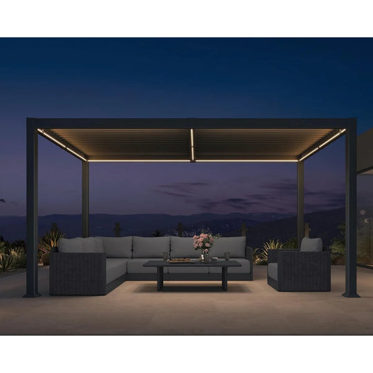 Solar Louvered Pergola with LED String Lights Aluminum Outdoor Pergola with Adjustable Roof for Patio Garden