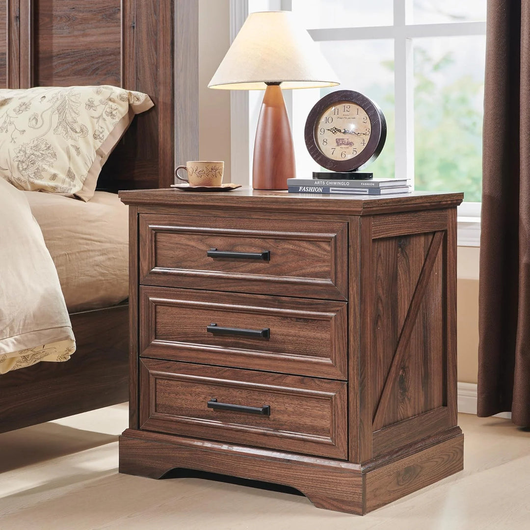 Farmhouse 3-Drawer Nightstand, Wide End Table with Charging Station
