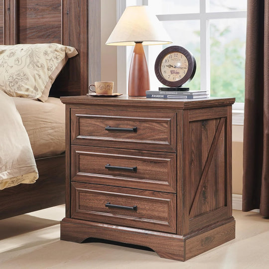Farmhouse 3-Drawer Nightstand, Wide End Table with Charging Station