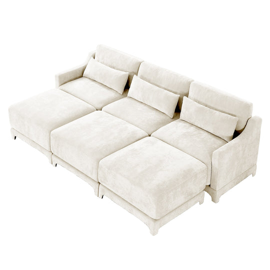 Modern Chenille 4-Seater Sofa with 2 Ottoman, Lumbar Cushions, Ergonomic Backrest, High-Resilience Spongeand Tufted Armrests