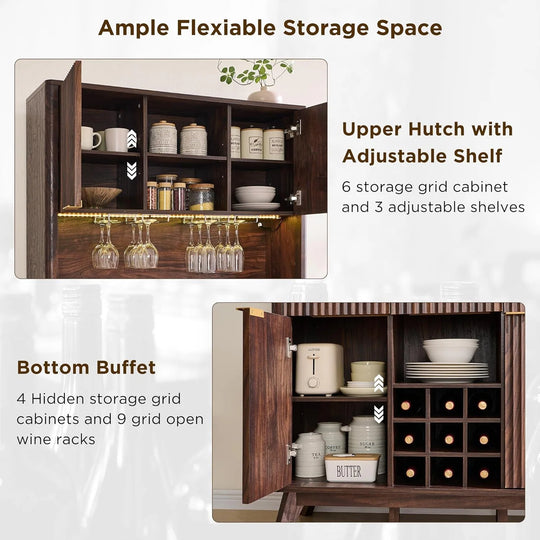 72" Wine Bar Cabinet, Modern Wood Coffee Bar Cabinet with LED Lights